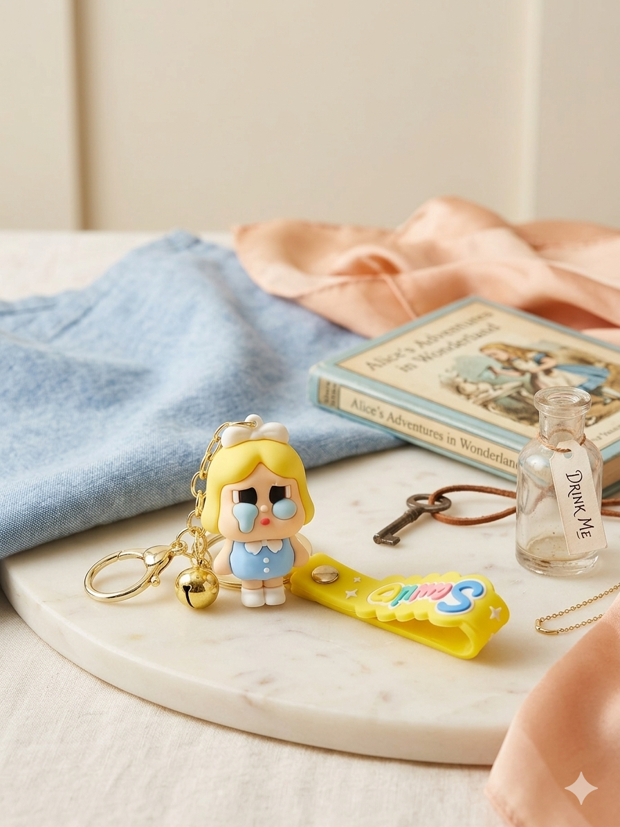 Alice "Crying" 3D Character Keychain – Whimsical Blue Dress & Yellow Smile Lanyard