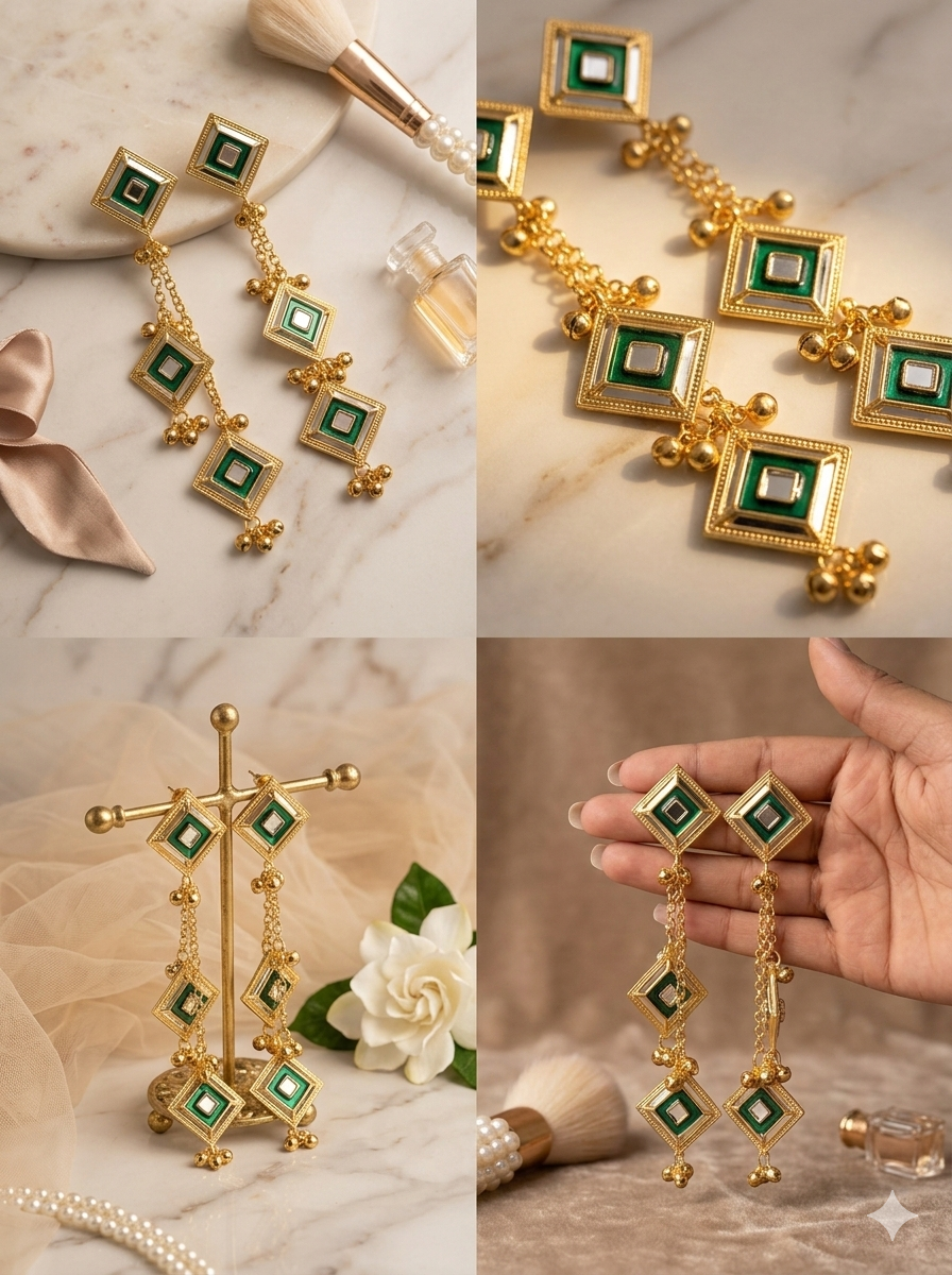 Traditional Kashmiri Jhumka Earrings with Long Pearl Sahara Chains - Ethnic Bridal Wear