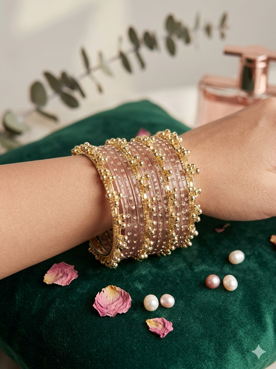 Kashmiri Bangles Set – Traditional Gold & Pink Bridal Chooda for Women ( Set of 12 Glass and 4 Kashmiri Bangles ₹