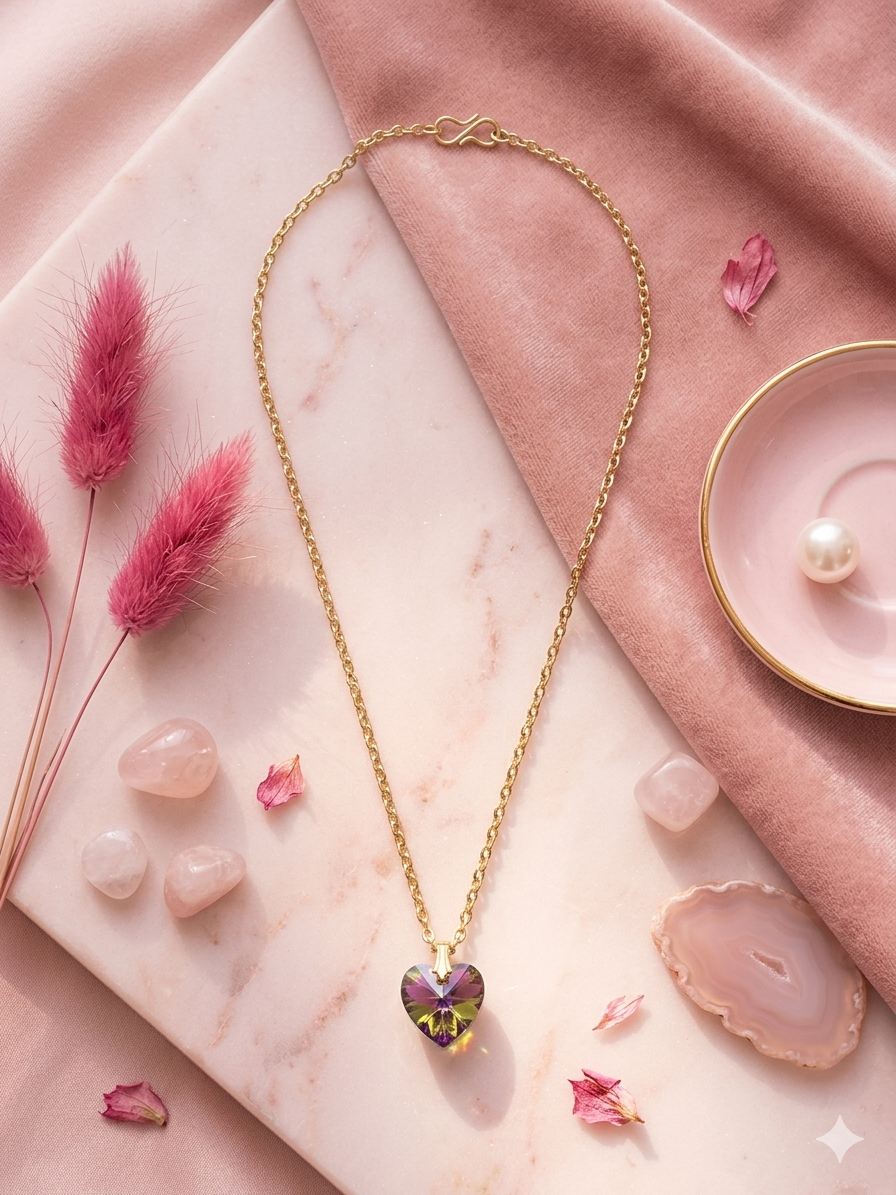 Iridescent Aurora Crystal Heart Necklace – Gold Link Chain with Pink Heart