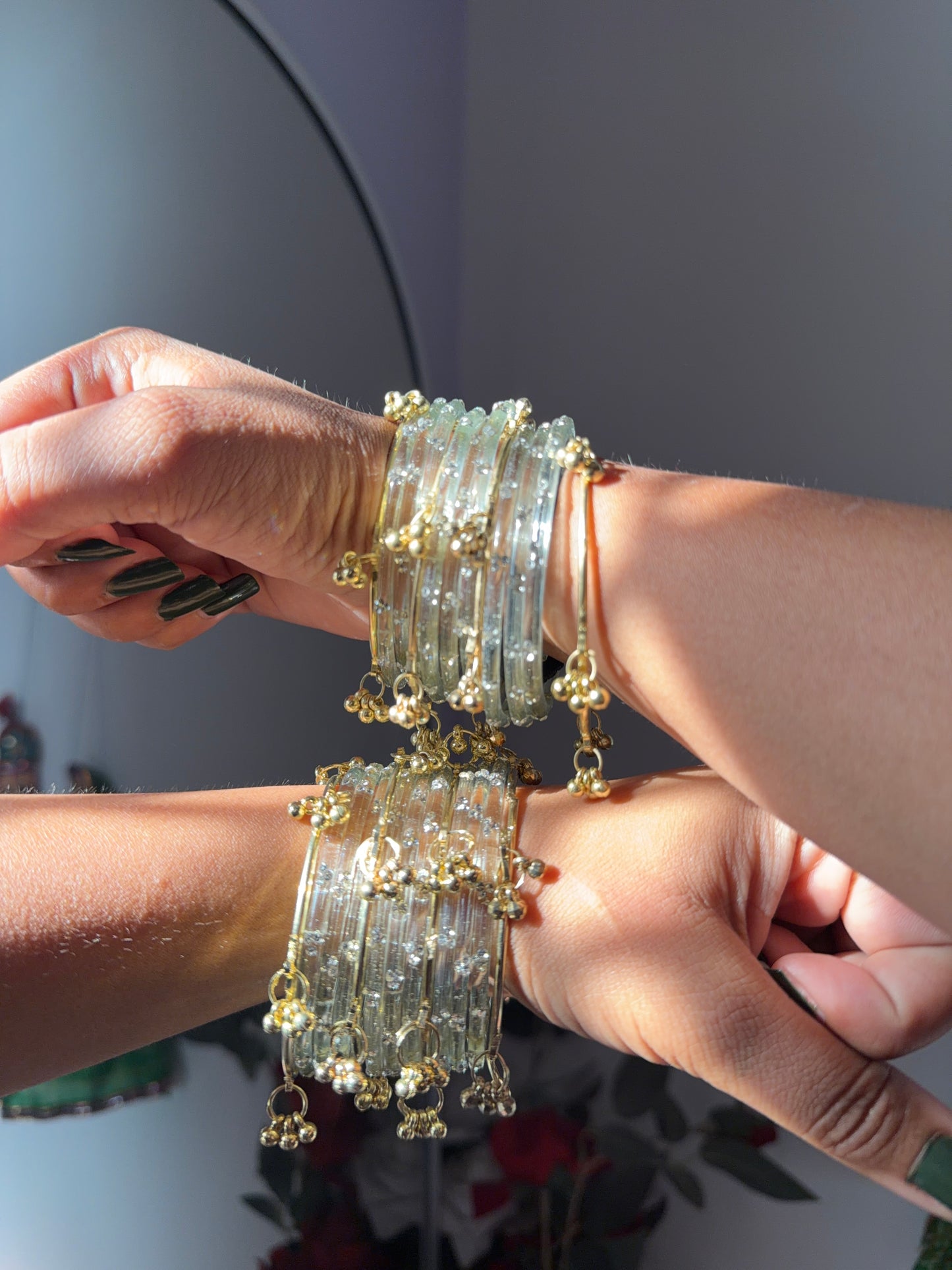 Kashmiri Ghungro Bangles Set β Transparent Light Green (24 Glass Bangles + 8 Kashmiri Bangles ) | Traditional Ethnic Chudi Set for Women