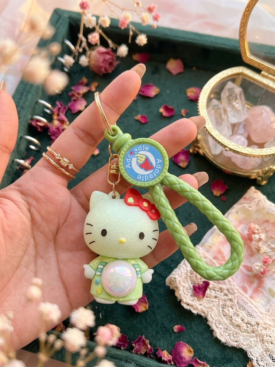 Glitter Astronaut Hello Kitty Keychain with Light – Mint Green Edition with Braided Wristlet