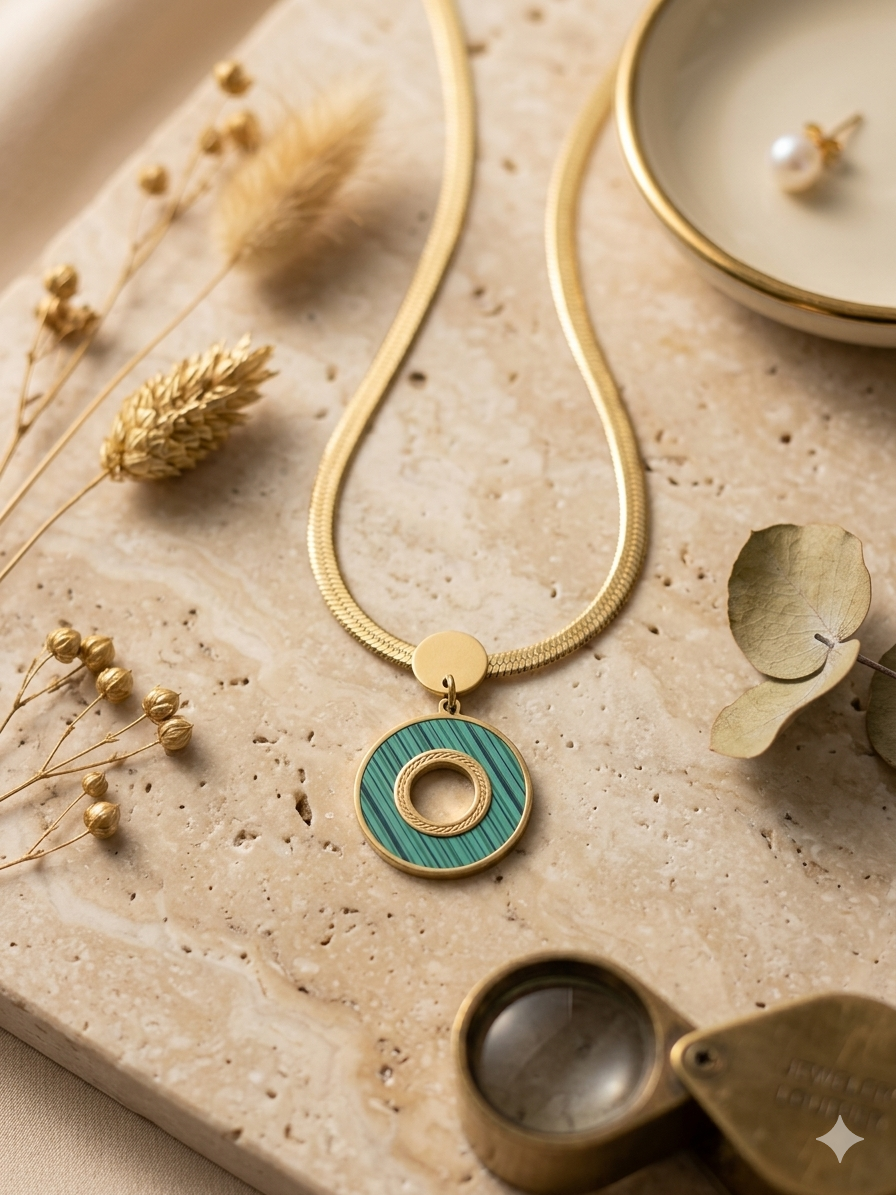 Emerald Green Malachite Circle Pendant – Gold Herringbone Snake Chain