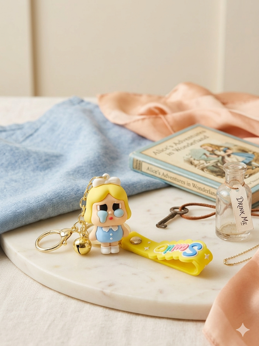 Alice "Crying" 3D Character Keychain – Whimsical Blue Dress & Yellow Smile Lanyard