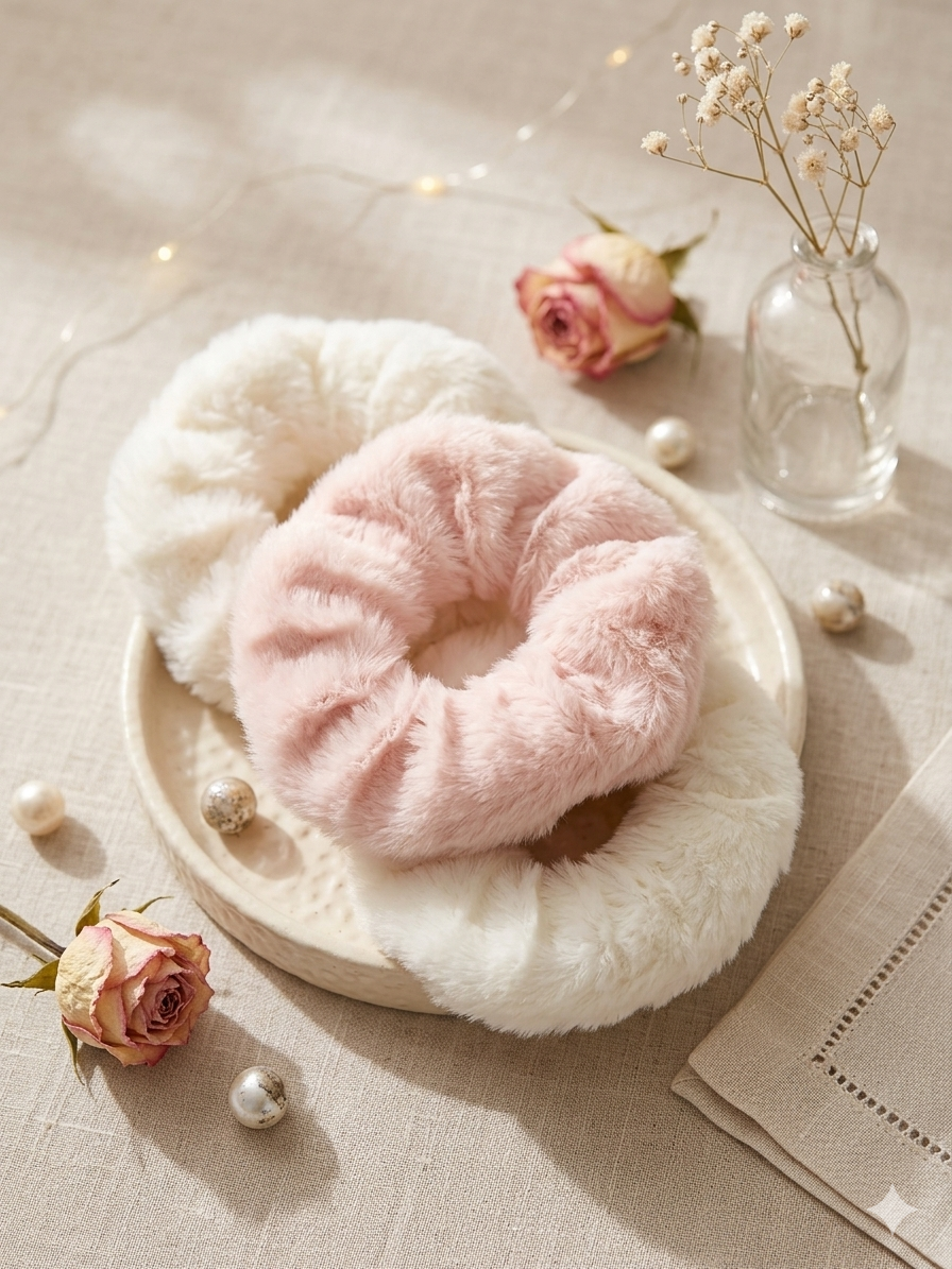 Fluffy Faux Fur Scrunchies Set of 3 – Soft Hair Bands for Women & Girls (Pink & White)