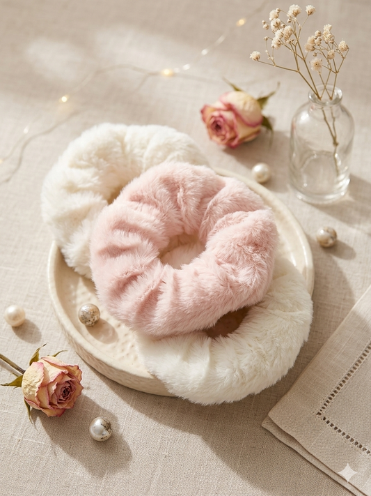 Fluffy Faux Fur Scrunchies Set of 3 – Soft Hair Bands for Women & Girls (Pink & White)