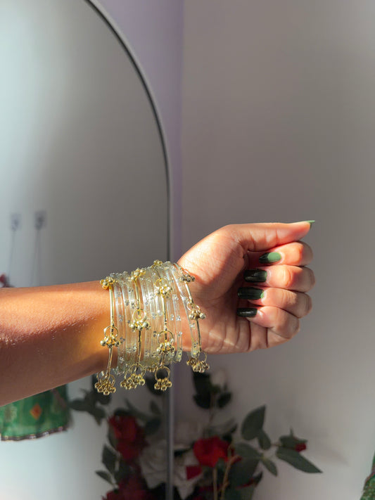 Kashmiri Ghungro Bangles Set – Transparent Light Green (24 Glass Bangles + 8 Kashmiri Bangles ) | Traditional Ethnic Chudi Set for Women