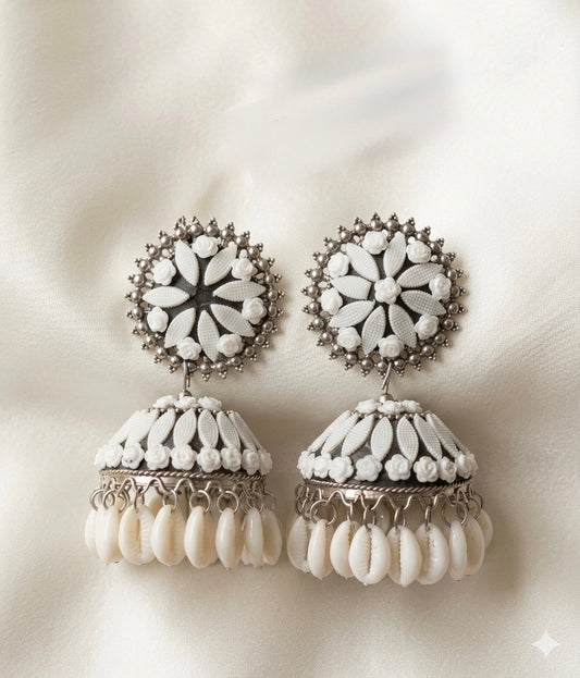 White Floral Jhumka Earrings – Traditional Pearl Drop Ethnic Earrings for Women