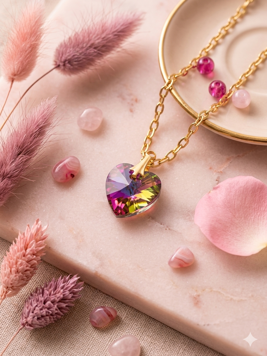 Iridescent Aurora Crystal Heart Necklace – Gold Link Chain with Pink Heart