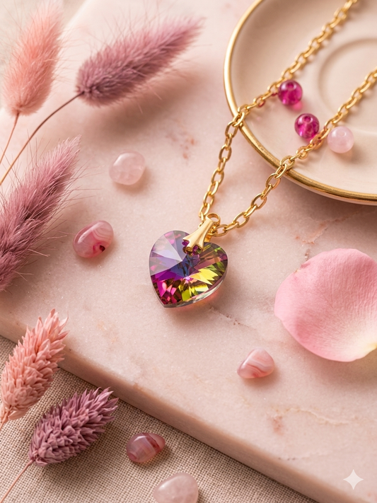 Iridescent Aurora Crystal Heart Necklace – Gold Link Chain with Pink Heart