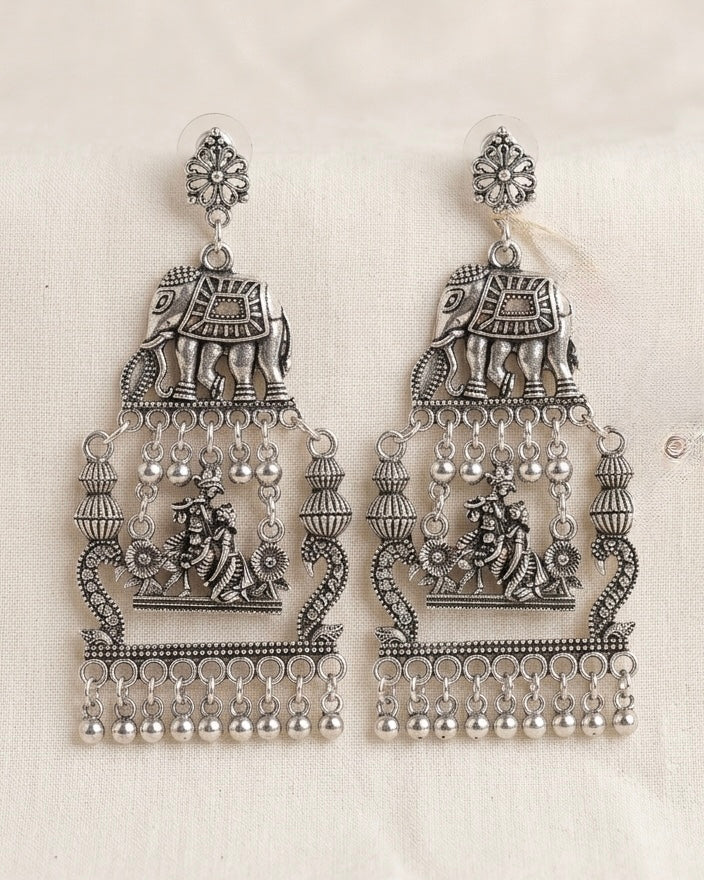 Oxidised Silver Elephant Jhumka Earrings – Traditional Ethnic Statement Earrings for Women