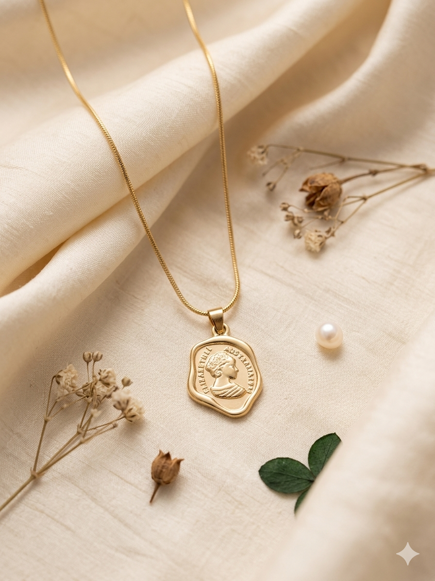 Vintage Queen Elizabeth II Coin Medallion Necklace – Gold Snake Chain