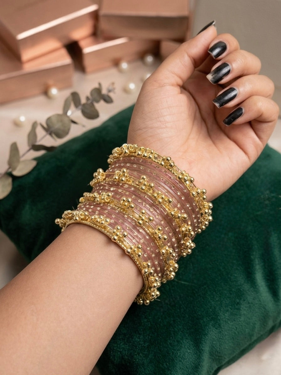 Kashmiri Bangles Set – Traditional Gold & Pink Bridal Chooda for Women ( Set of 12 Glass and 4 Kashmiri Bangles ₹