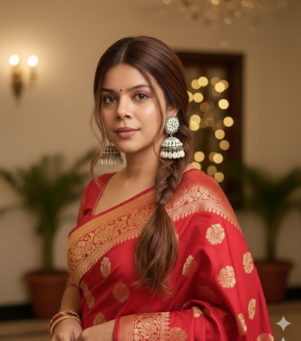 White Floral Jhumka Earrings – Traditional Pearl Drop Ethnic Earrings for Women