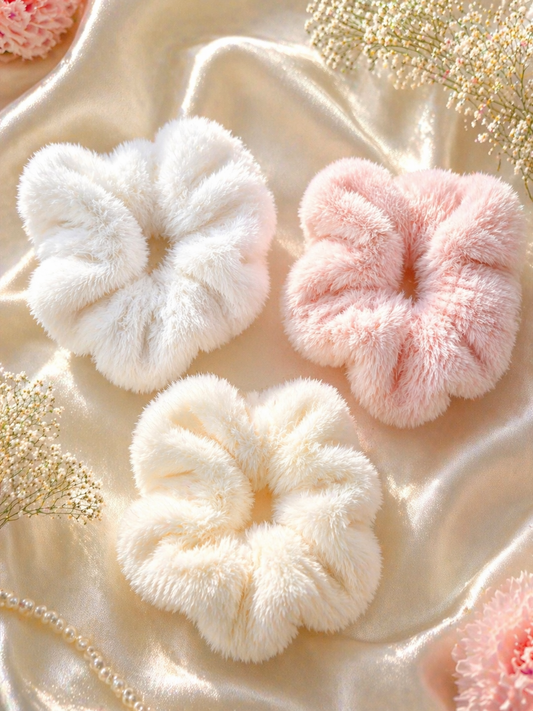 Fluffy Faux Fur Scrunchies Set of 3 – Soft Hair Bands for Women & Girls (Pink & White)
