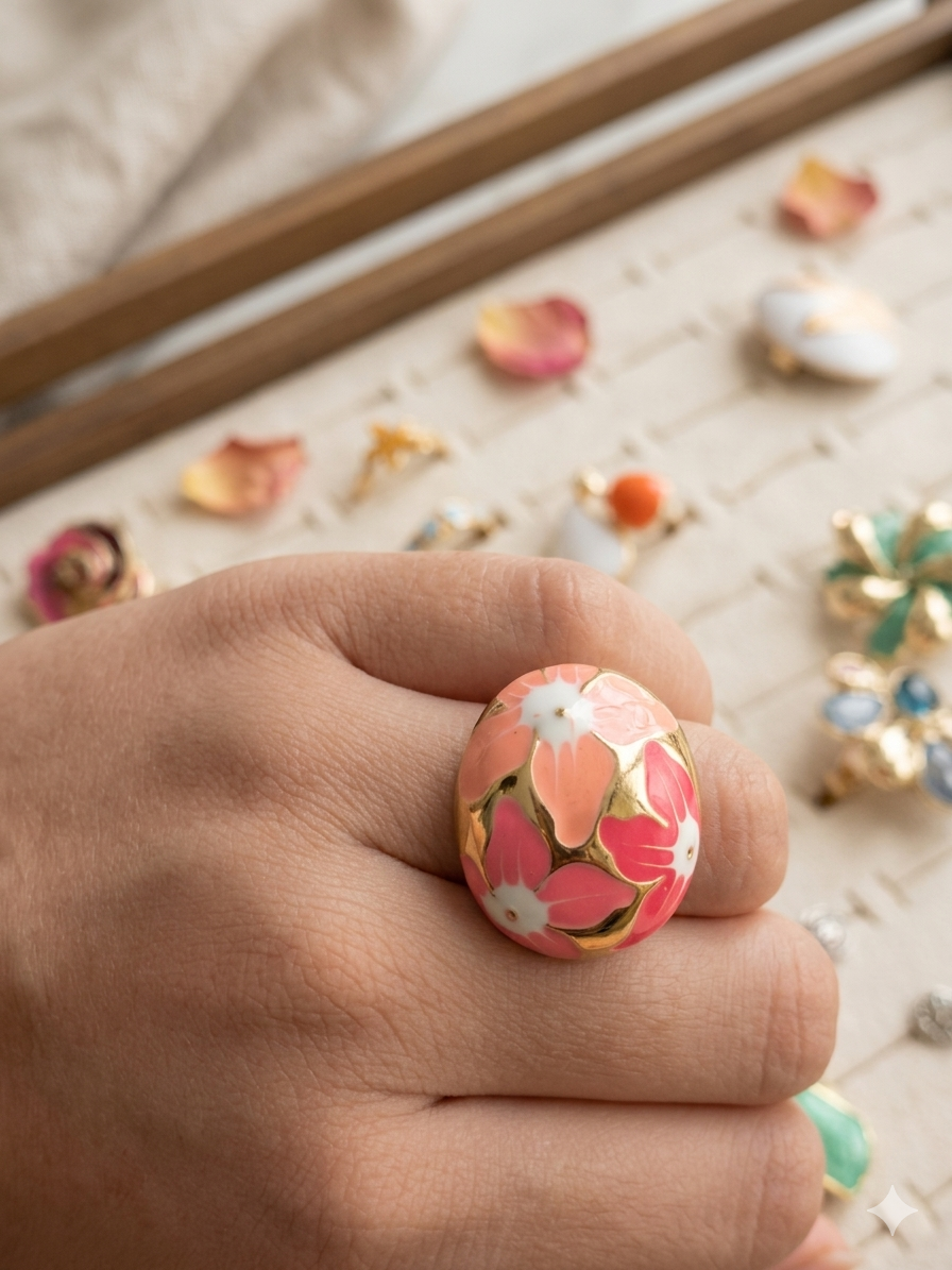 Pink Floral Enamel Statement Ring – Gold-Plated Chunky Dome Ring