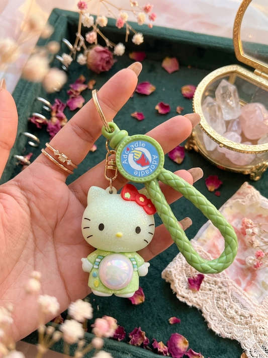 Glitter Astronaut Hello Kitty Keychain with Light – Mint Green Edition with Braided Wristlet