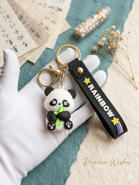 3D Panda & Bamboo Silicone Keychain – "Rainbow Wishes" Wristlet Bag Charm